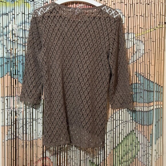CHICOS Open Lace Mesh Knit 3/4 Sleeve Pullover Top, Taupe Brown, Size 2 - Picture 2 of 12